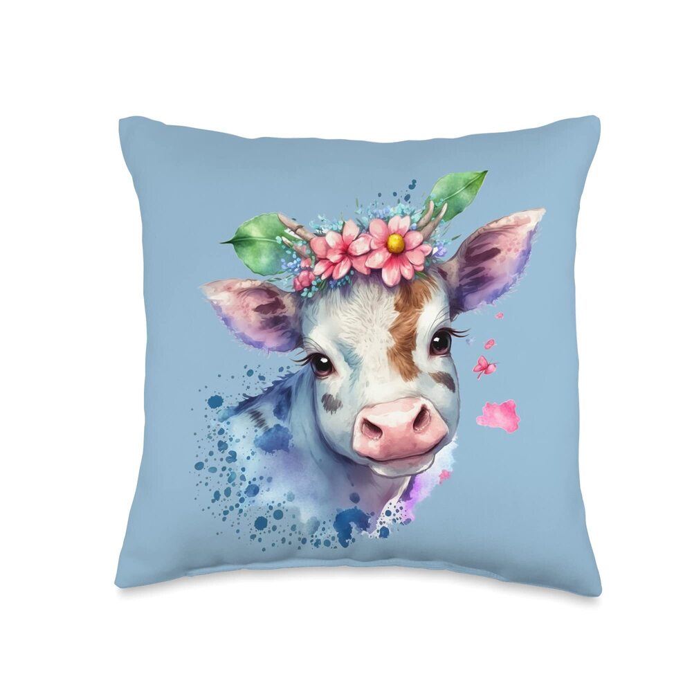 7157 Watercolor Floral Hippie Cow Art Indie Aesthetic Throw Pillow
